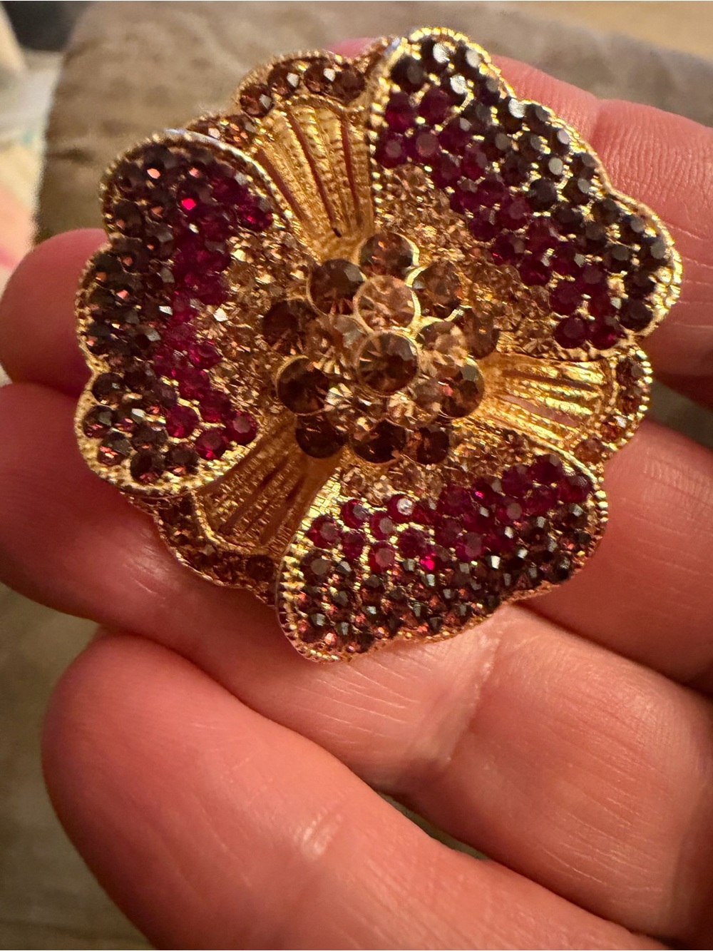 Gold Floral Crystal Brooch -garnet and topaz stones designer inspired brand new